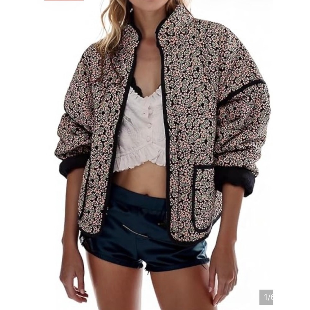 Free People Chloe Floral Quilted Jacket Black Pink Green OB1470190 Womens Large